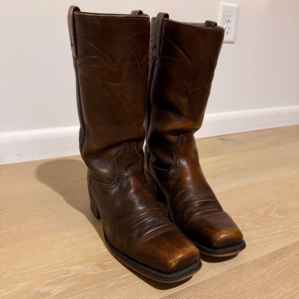 Vtg 70s Acme Circle A Cowboy Boots Sz 9 Cognac Leather USA Made Western